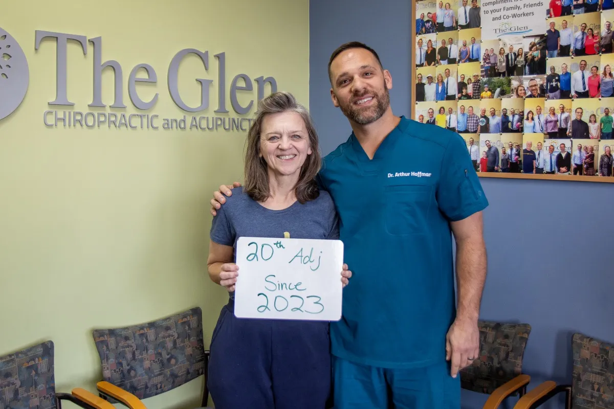 Real patient at The Glen Chiropractic & Acupuncture in Minnetonka, MN, celebrating a care milestone: 20th Adjustment Since 2023