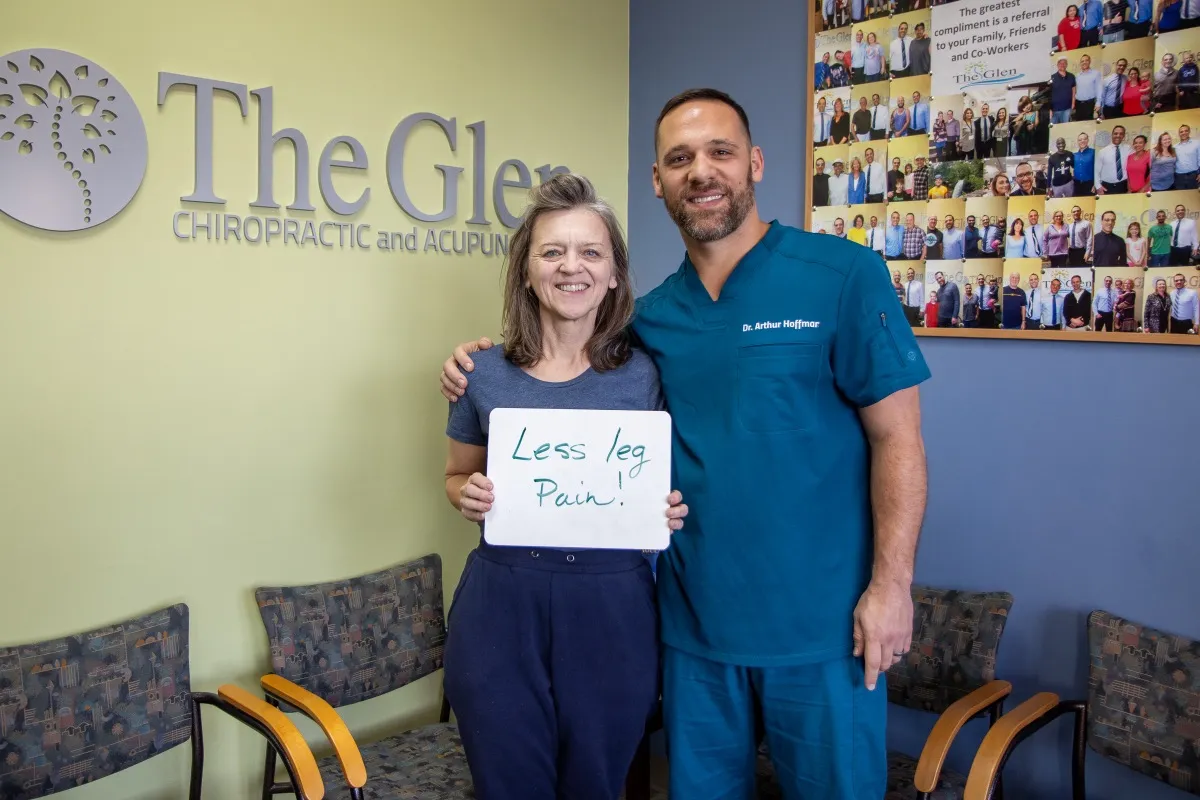 Real patient at The Glen Chiropractic & Acupuncture in Minnetonka, MN, celebrating a care milestone: Less Leg Pain!