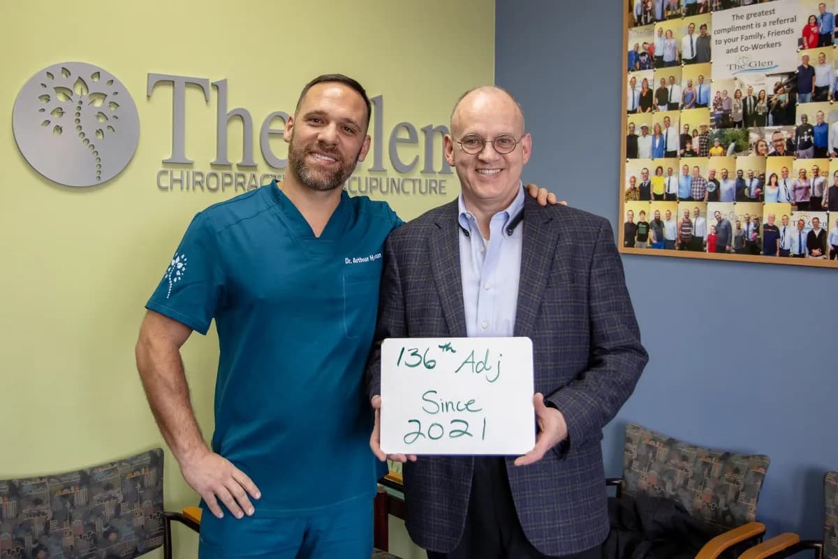 Real patient at The Glen Chiropractic & Acupuncture in Minnetonka, MN, celebrating a care milestone: 136th Adjustment Since 2021