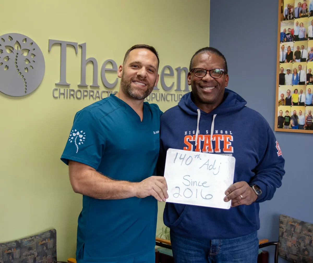 Real patient at The Glen Chiropractic & Acupuncture in Minnetonka, MN, celebrating a care milestone: 140th Adjustment Since 2016