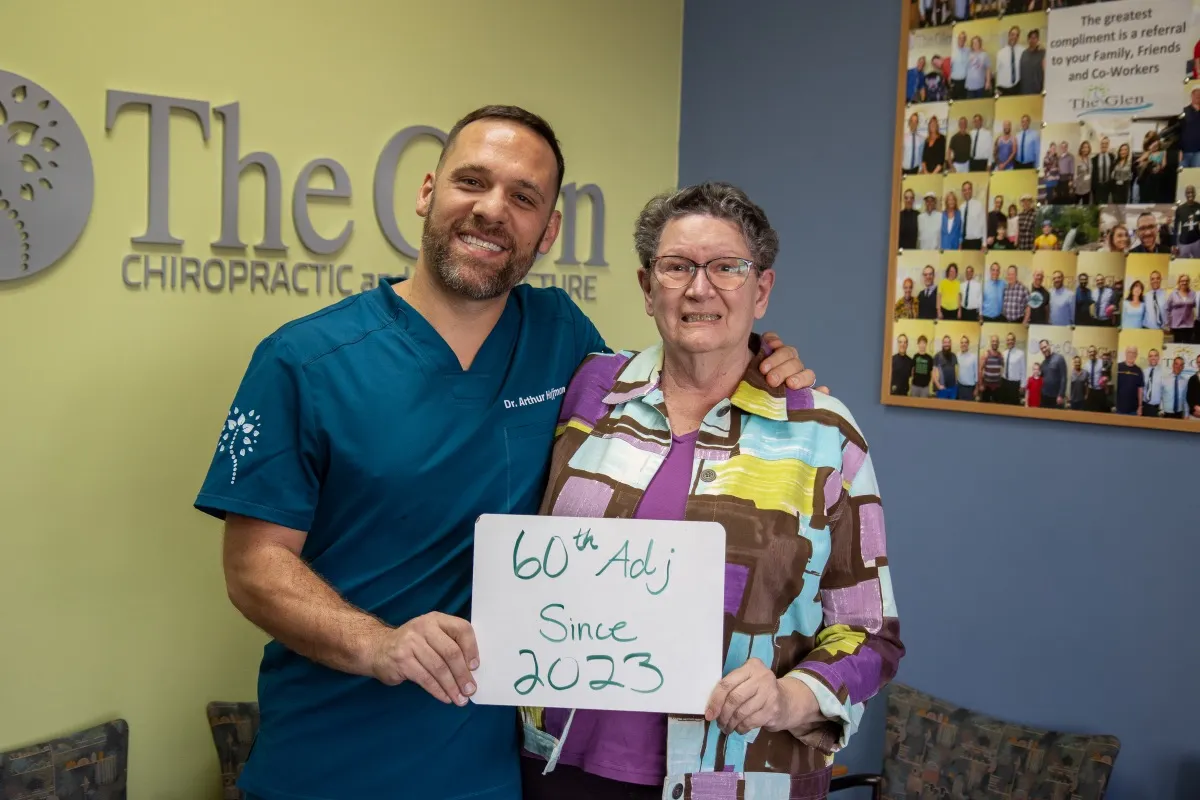 Real patient at The Glen Chiropractic & Acupuncture in Minnetonka, MN, celebrating a care milestone: 60th Adjustment Since 2023