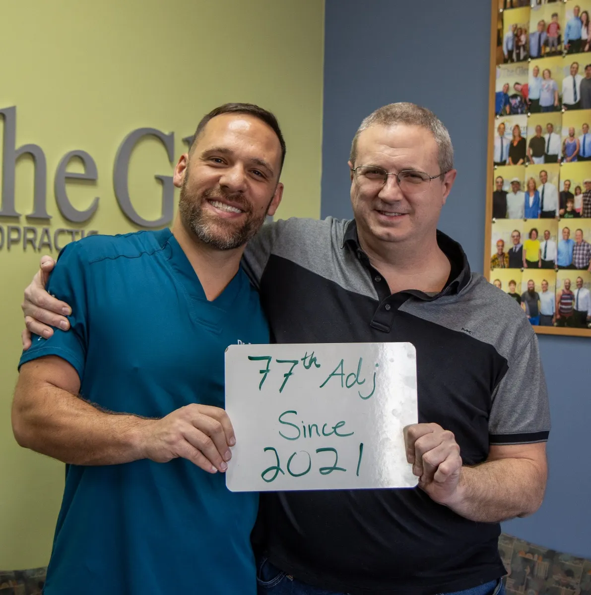 Real patient at The Glen Chiropractic & Acupuncture in Minnetonka, MN, celebrating a care milestone: 77th Adjustment Since 2021
