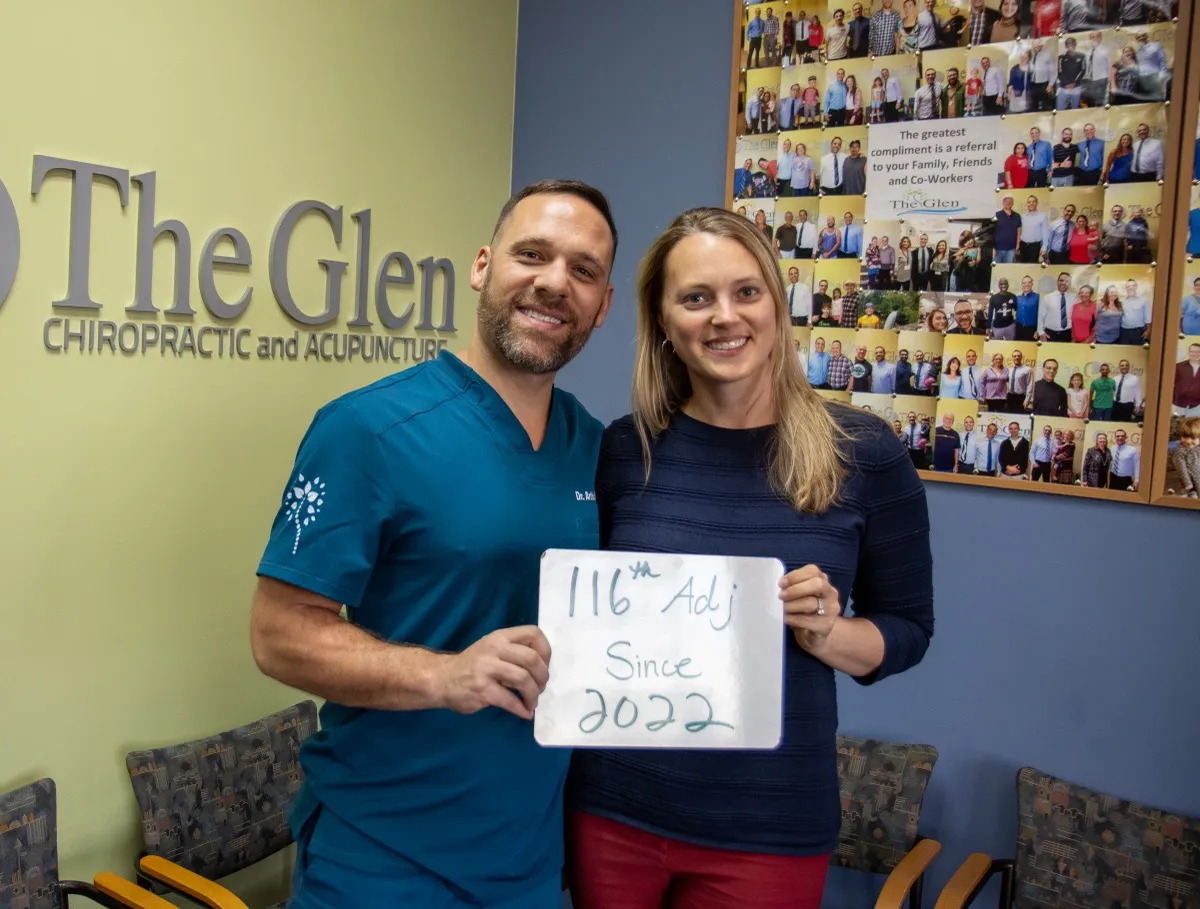 Real patient at The Glen Chiropractic & Acupuncture in Minnetonka, MN, celebrating a care milestone: 116th Adjustment Since 2022