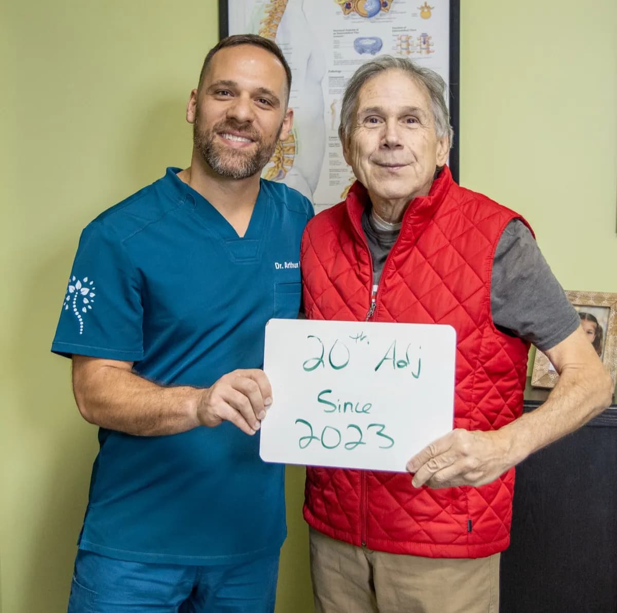 Real patient at The Glen Chiropractic & Acupuncture in Minnetonka, MN, celebrating a care milestone: 20th Adjustment Since 2023