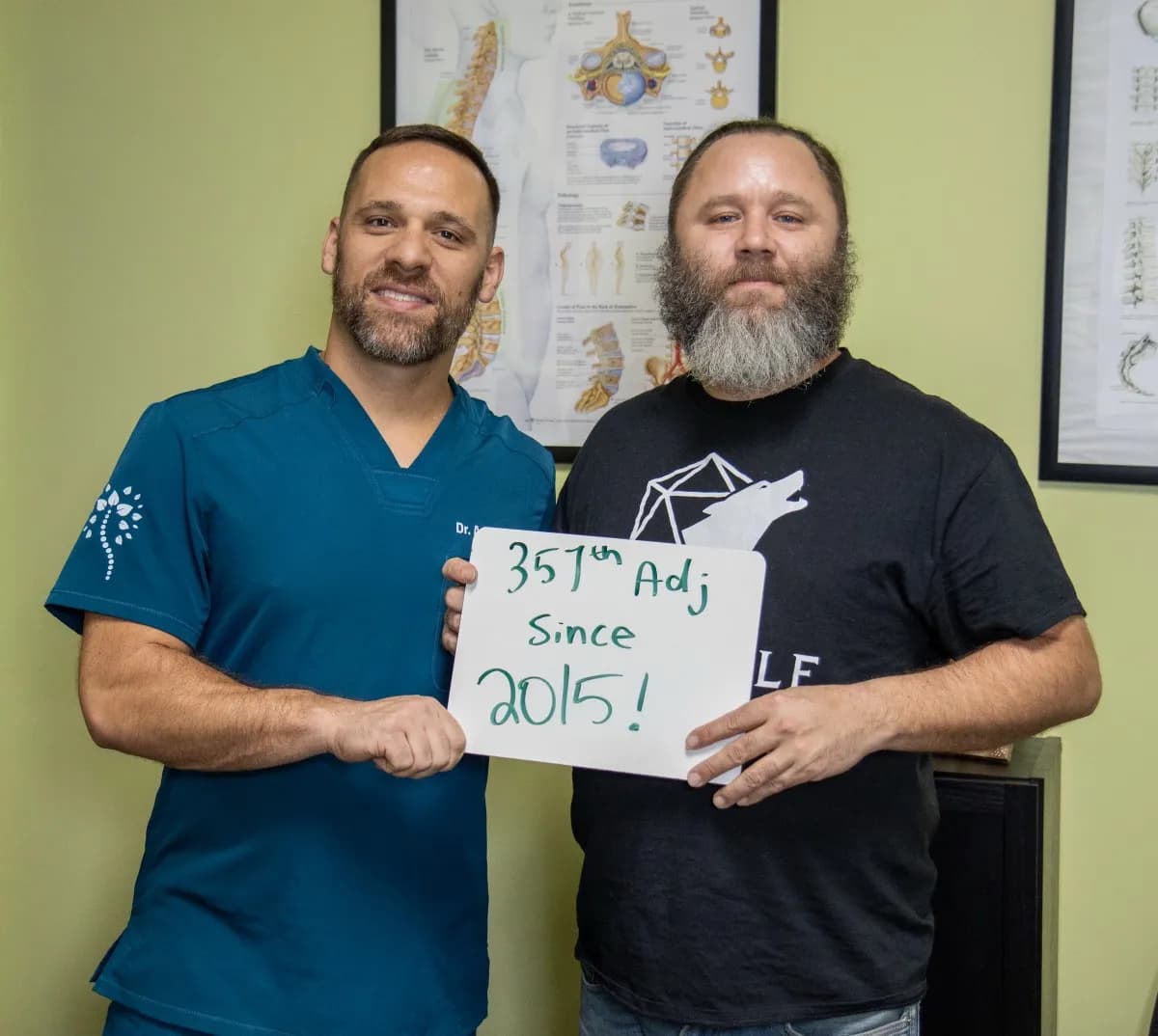 Real patient at The Glen Chiropractic & Acupuncture in Minnetonka, MN, celebrating a care milestone: 357th Adjustment Since 2015!